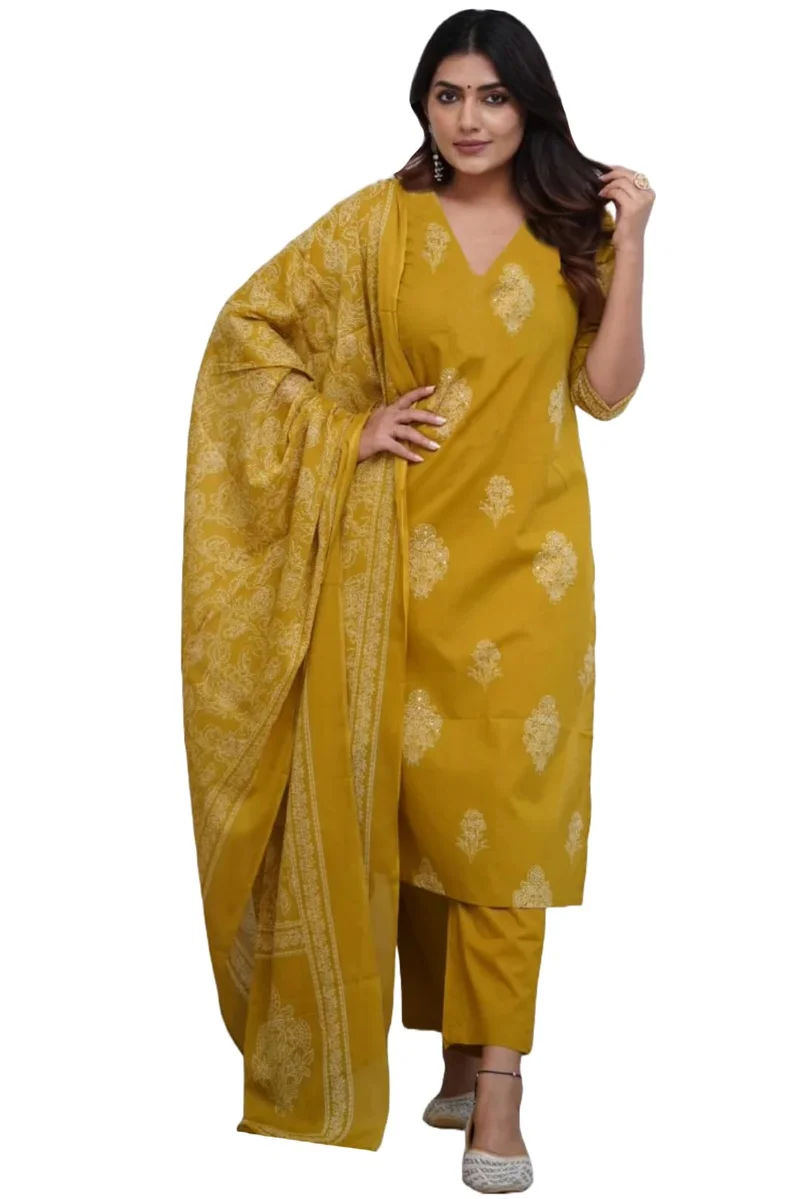 جو سريكي كورتا مستقيمة مطبوعة من رايون فيسكوز نسائية GoSriKi مع بنطال ودوباتا (خردل كانيشا - GS_L_Mustard_Large)